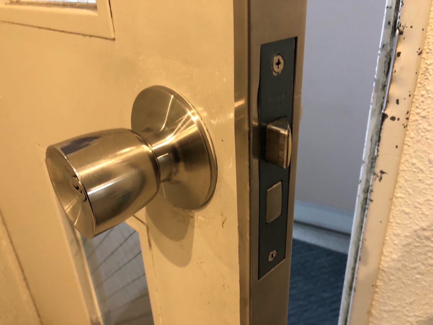 ノブタイプの錠前がついた扉。