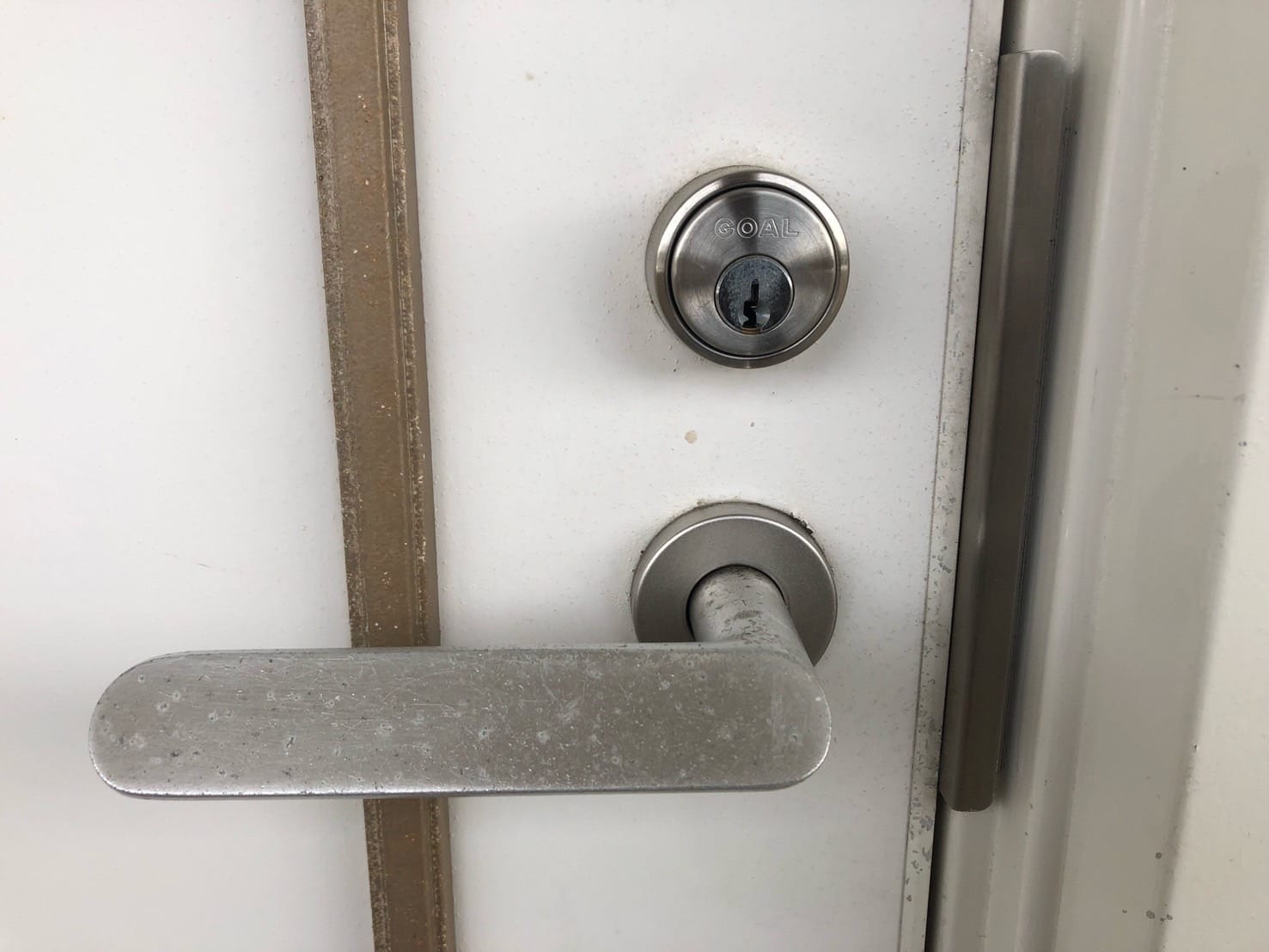 GOAL社のレバーハンドル錠、ピンシリンダータイプの鍵穴