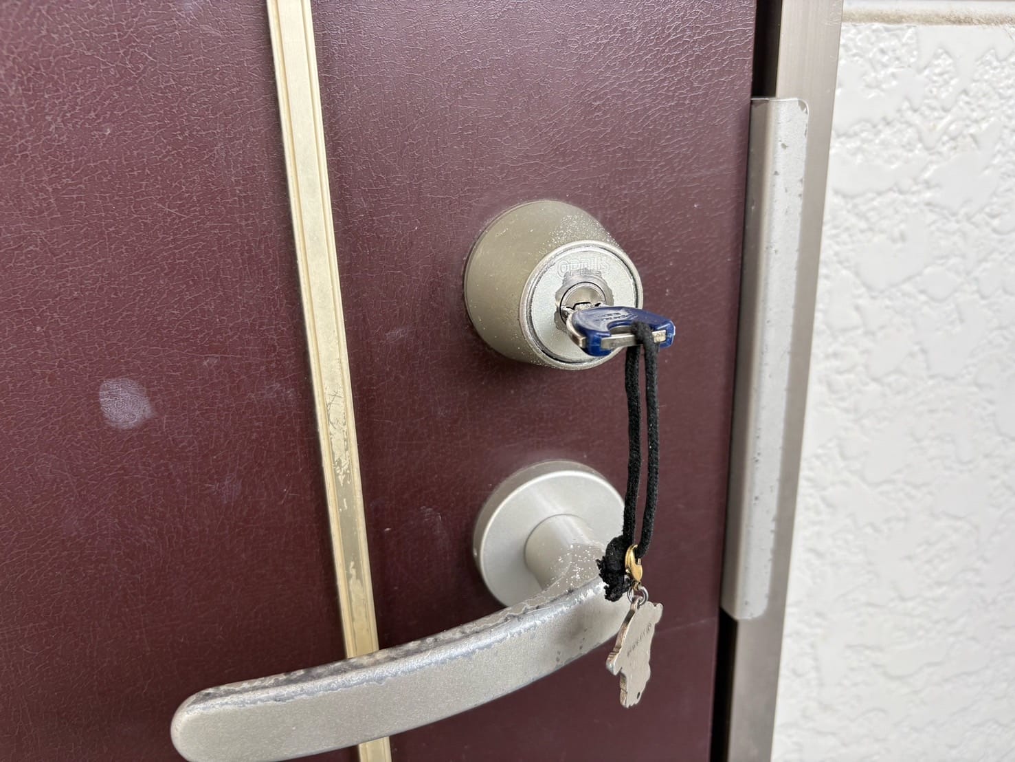 トラブルが発生した玄関ドア。オプナス社のキーシリンダーに鍵がささっている