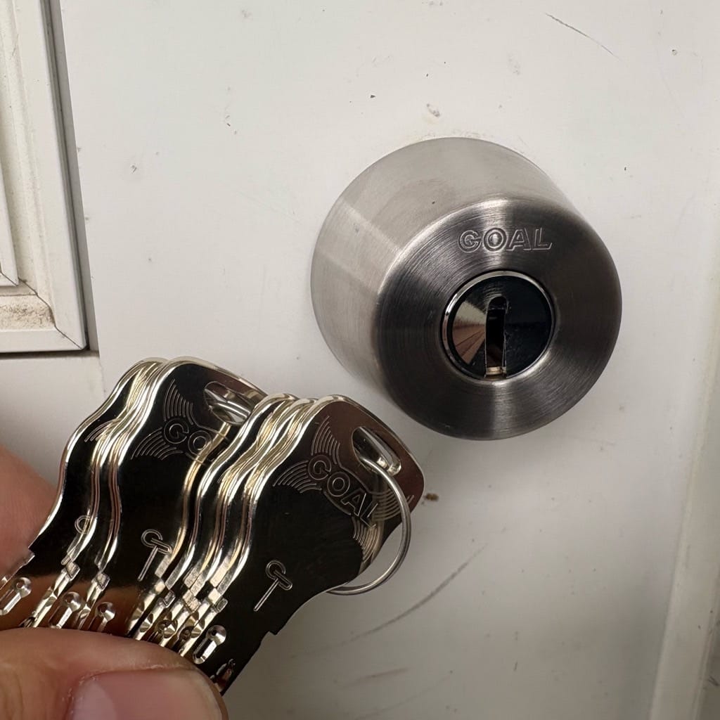 ディンプルシリンダーへ交換完了。扉の前で付属の鍵を持っている