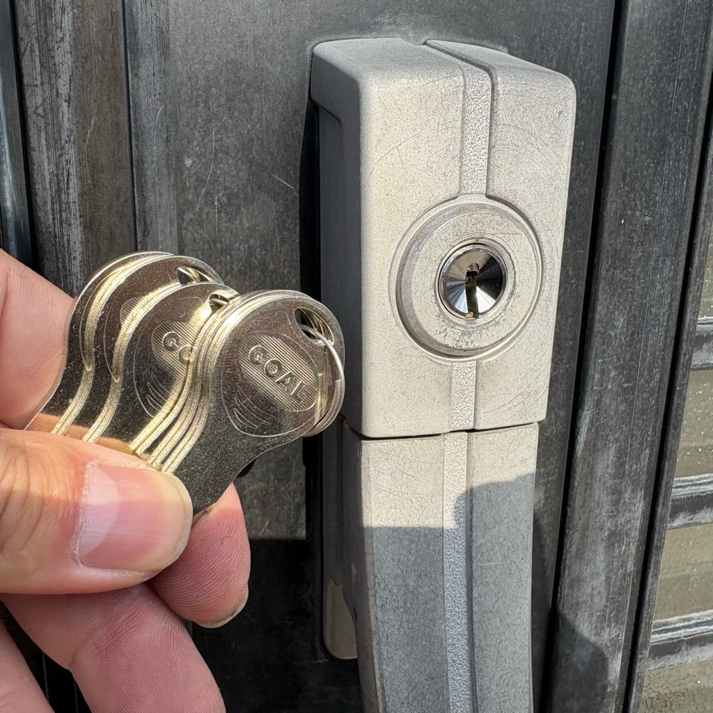 交換完了。付属の鍵数本をドアの近くで持っている