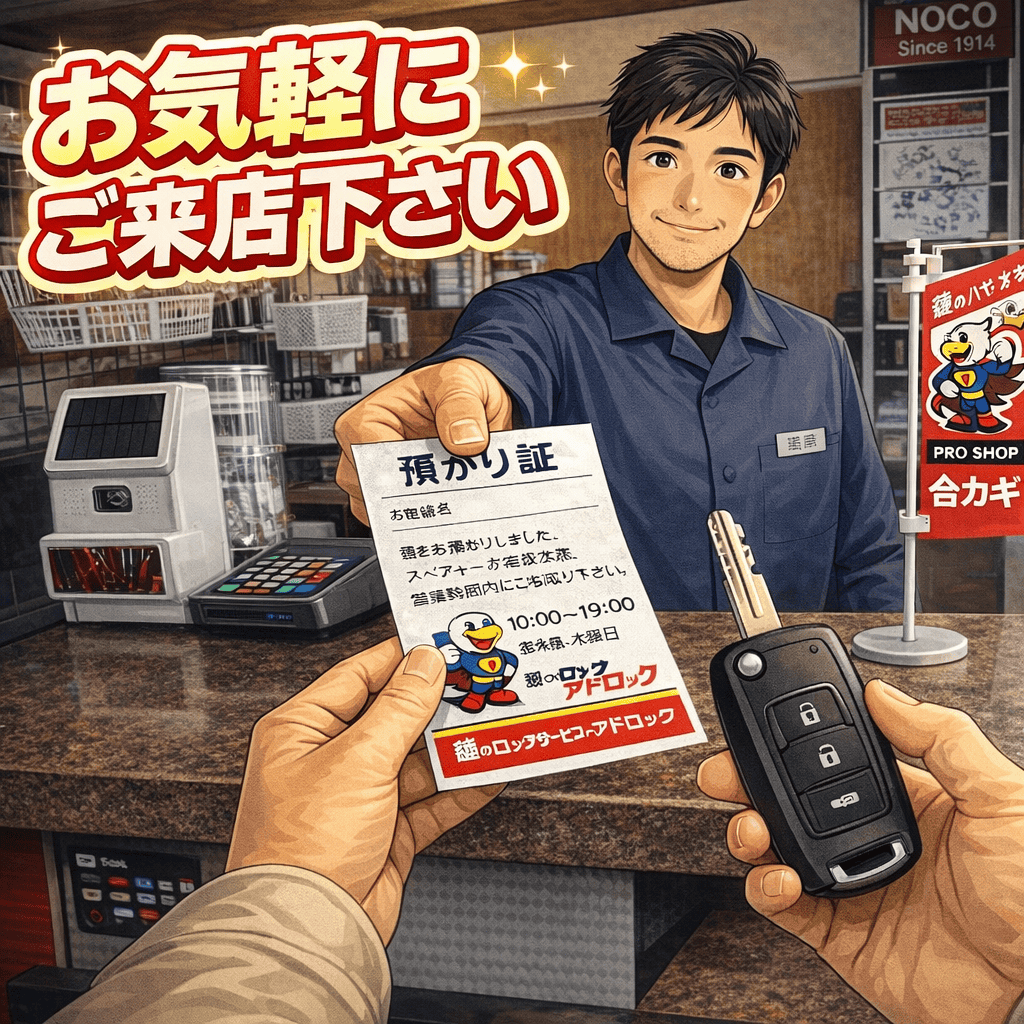 鍵のハヤブサ便 ロックサービス・アドロックではスペアキーが出来上がるまでお出かけ頂いても構いません。