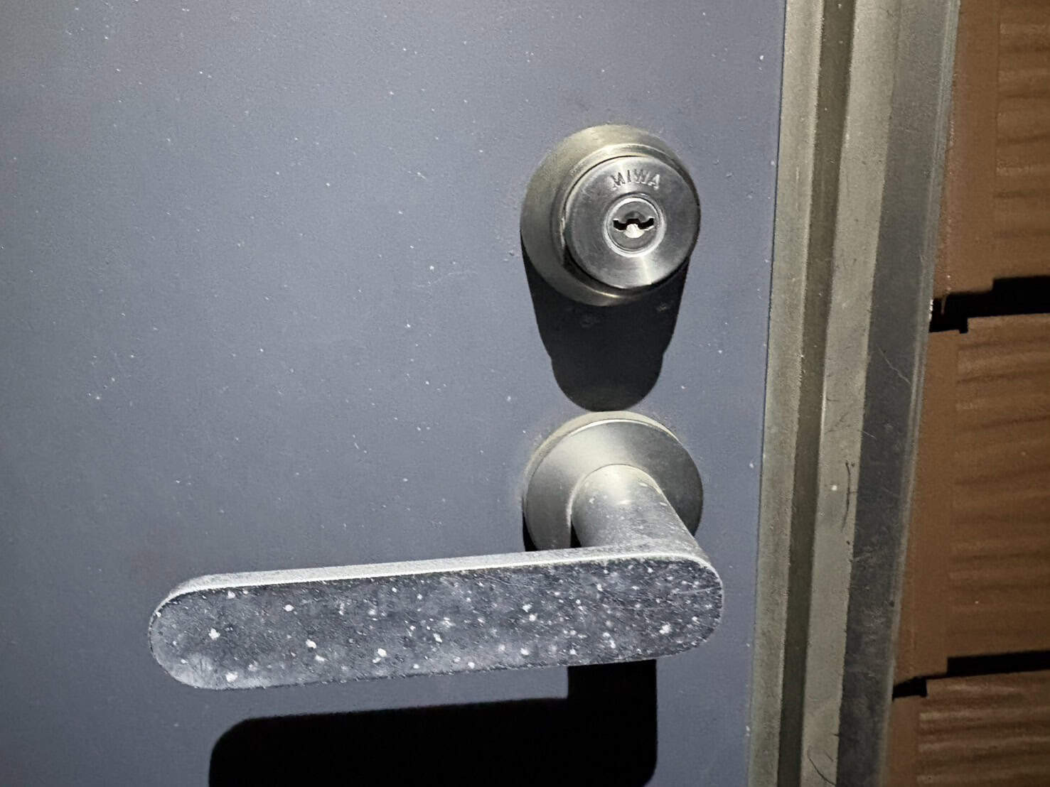 閉じられた玄関ドア。U9シリンダーがついています